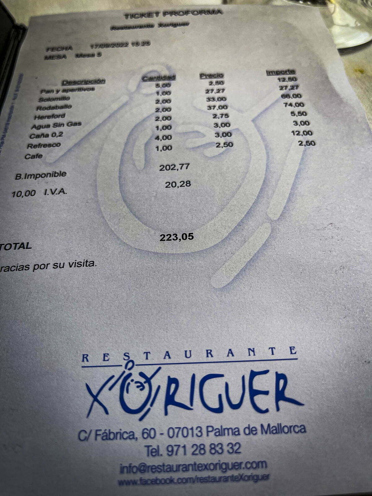 Restaurant Xoriguer bill